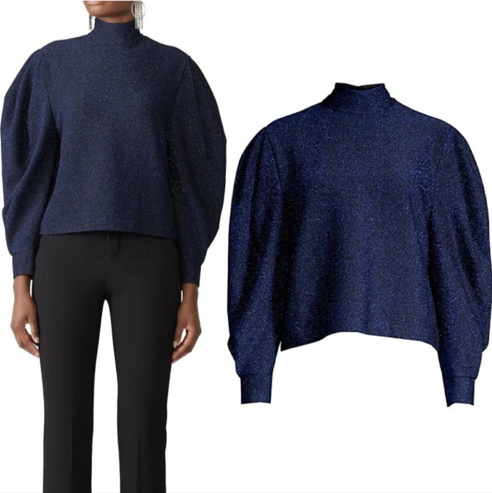 PatBo Metallic Navy Lurex Puff Sleeve Turtleneck Top Holiday Cocktail Party XS